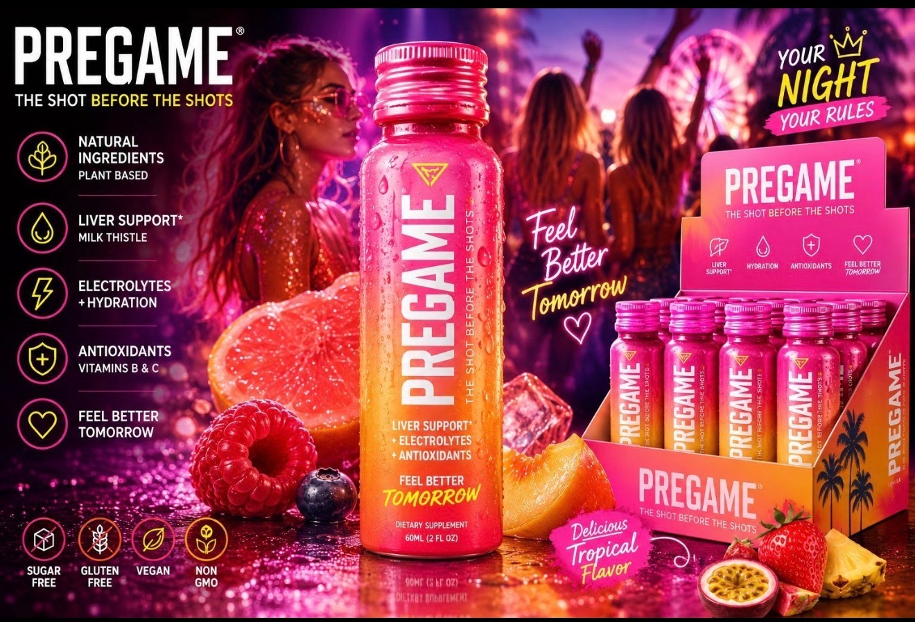 Pregame shot bottle and retail 6-pack box with festival lighting and benefit callouts